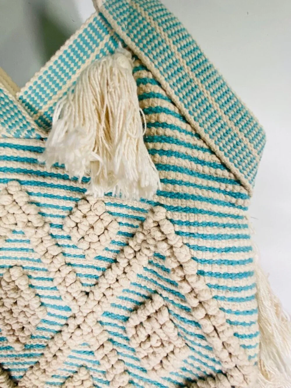 Boho Striped Cotton Tote With Tassels & Textured Diamond Pattern Beige & Teal La